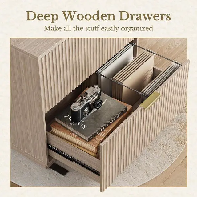 Alt view image 5 of 7 - 2 Drawer Fluted File Cabinet, 32'' Lateral File Cabinet for Legal/Letter/A4/F4 Size Hanging Files, Wood File Storage for Home Office, Natural Walnut