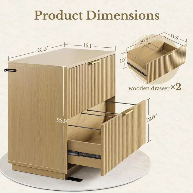 Alt view image 2 of 7 - 2 Drawer Fluted File Cabinet, 32'' Lateral File Cabinet for Legal/Letter/A4/F4 Size Hanging Files, Wood File Storage for Home Office, Light Walnut