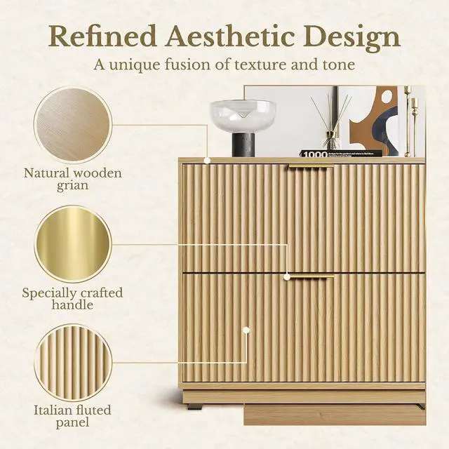 Alt view image 3 of 7 - 2 Drawer Fluted File Cabinet, 32'' Lateral File Cabinet for Legal/Letter/A4/F4 Size Hanging Files, Wood File Storage for Home Office, Light Walnut