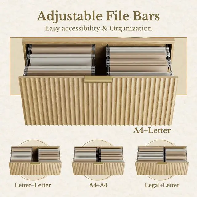 Alt view image 4 of 7 - 2 Drawer Fluted File Cabinet, 32'' Lateral File Cabinet for Legal/Letter/A4/F4 Size Hanging Files, Wood File Storage for Home Office, Light Walnut