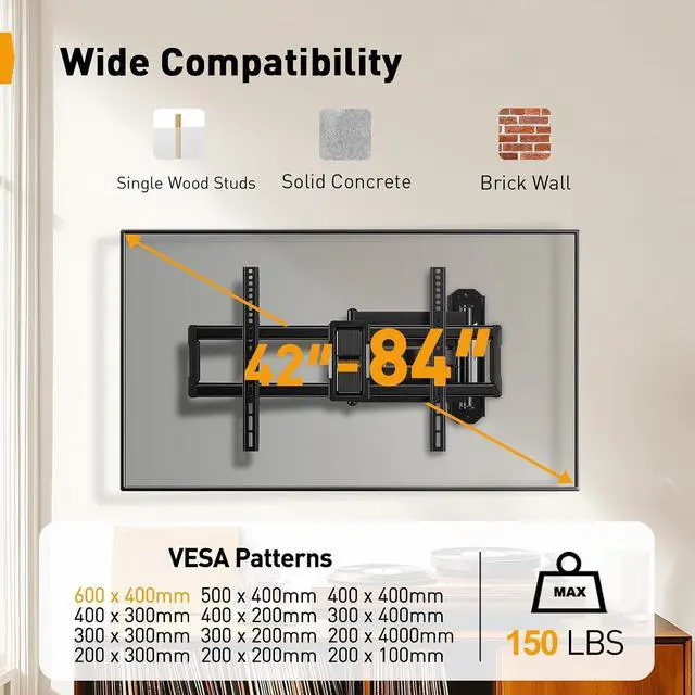 Alt view image 2 of 7 - Corner TV Wall Mount Long Arm TV Mount for 42-84 Inch TVs up to 150 lbs - Full Motion Wall Mount Single Stud with 37.2" Extension