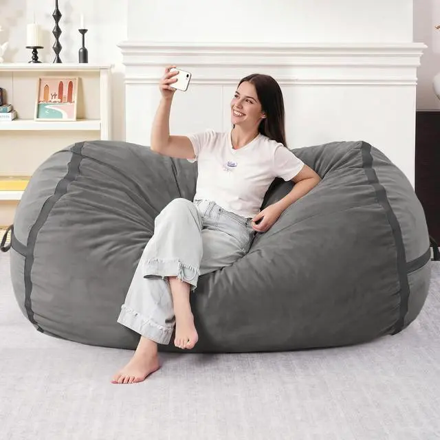 Alt view image 3 of 6 - 5ft Bean Bag Chair Giant Bean Bag Chairs for Adults with Memory Foam Filled, Large Beanbag Chair with Removable Dutch Velvet Cover for Living Room, Bedroom, Dorm,Dark Grey
