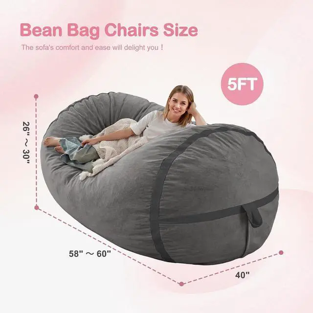 Alt view image 2 of 6 - 5ft Bean Bag Chair Giant Bean Bag Chairs for Adults with Memory Foam Filled, Large Beanbag Chair with Removable Dutch Velvet Cover for Living Room, Bedroom, Dorm,Dark Grey