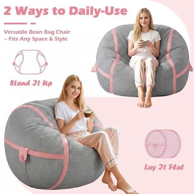 Alt view image 5 of 7 - Bean Bag Chair, 3FT Large Bean Bag Chair with Memory Foam, Ultra-Soft Corduroy Cover & Zipper Design, Portable Handle Comfy Bean Bag Sofa for Living Room, No Assembly - Light Grey & Pink