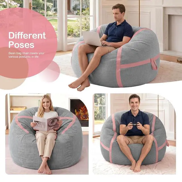 Alt view image 6 of 7 - Bean Bag Chair, 3FT Large Bean Bag Chair with Memory Foam, Ultra-Soft Corduroy Cover & Zipper Design, Portable Handle Comfy Bean Bag Sofa for Living Room, No Assembly - Light Grey & Pink