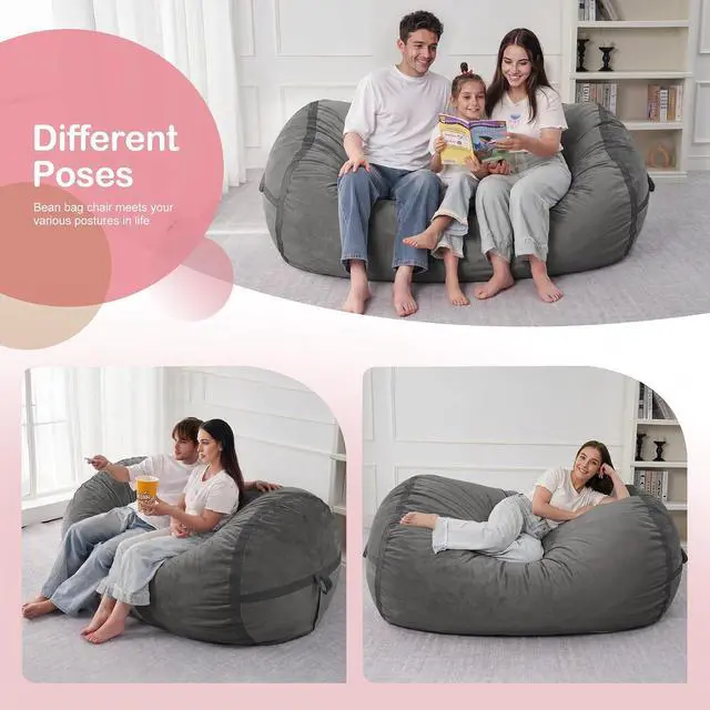 Alt view image 5 of 6 - 5ft Bean Bag Chair Giant Bean Bag Chairs for Adults with Memory Foam Filled, Large Beanbag Chair with Removable Dutch Velvet Cover for Living Room, Bedroom, Dorm,Dark Grey