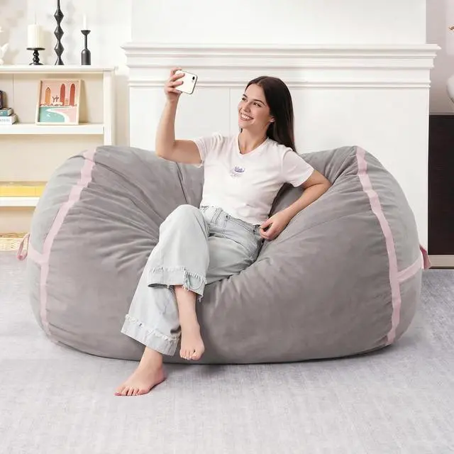 Alt view image 3 of 6 - 4ft Bean Bag Chair Giant Bean Bag Chairs for Adults with Memory Foam Filled, Large Beanbag Chair with Removable Dutch Velvet Cover for Living Room, Bedroom, Dorm, Light Grey & Pink
