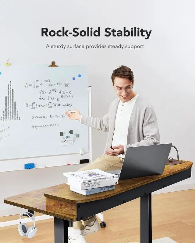 Alt view image 7 of 7 - 60 x 30 Electric Standing Desk with 2 Drawers, C-Clamp Mount Compatible, Height Adjustable Computer Desk, Home Office Stand Up Desk with 4 Preset Heights & 2 Hooks, Vintage Brown