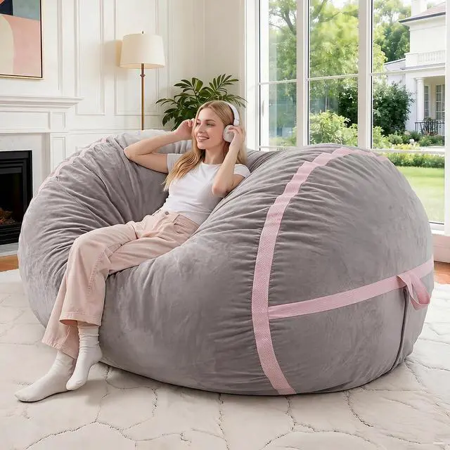 Main image of 4ft Bean Bag Chair Giant Bean Bag Chairs for Adults with Memory Foam Filled, Large Beanbag Chair with Removable Dutch Velvet Cover for Living Room, Bedroom, Dorm, Light Grey & Pink