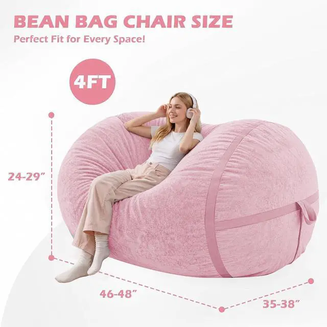 Alt view image 2 of 6 - 4FT Bean Bag Chair, Large BeanBag Chairs with Memory Foam Filled, Ultra-Soft Velvet with Portable Handle & Removable Cover, Comfy Bean Bag Sofa for Living Room, No Assembly - Pink