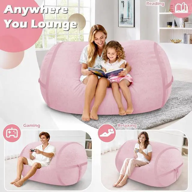 Alt view image 4 of 6 - 4FT Bean Bag Chair, Large BeanBag Chairs with Memory Foam Filled, Ultra-Soft Velvet with Portable Handle & Removable Cover, Comfy Bean Bag Sofa for Living Room, No Assembly - Pink