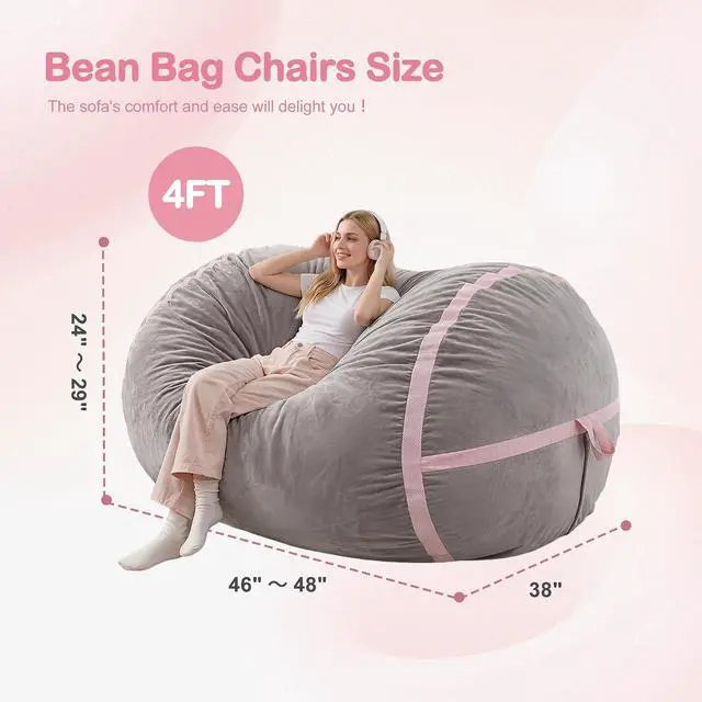 Alt view image 2 of 6 - 4ft Bean Bag Chair Giant Bean Bag Chairs for Adults with Memory Foam Filled, Large Beanbag Chair with Removable Dutch Velvet Cover for Living Room, Bedroom, Dorm, Light Grey & Pink