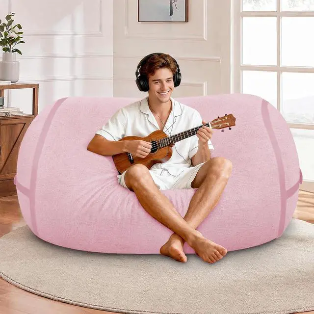 Alt view image 3 of 6 - 4FT Bean Bag Chair, Large BeanBag Chairs with Memory Foam Filled, Ultra-Soft Velvet with Portable Handle & Removable Cover, Comfy Bean Bag Sofa for Living Room, No Assembly - Pink