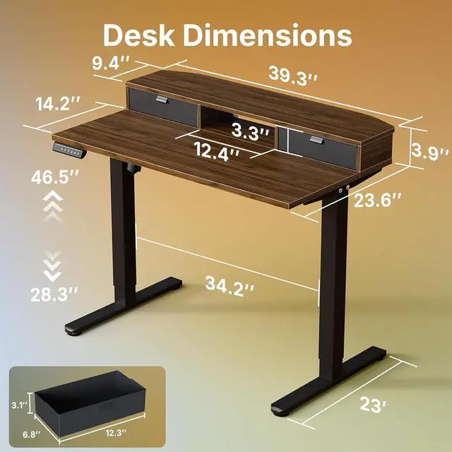 Alt view image 2 of 7 - 40" X 24" Electric Standing Desk with 2 Drawers, C-Clamp Mount Compatible, Height Adjustable Computer Desk, Home Office Stand Up Desk with 4 Preset Heights & 2 Hooks, Walnut