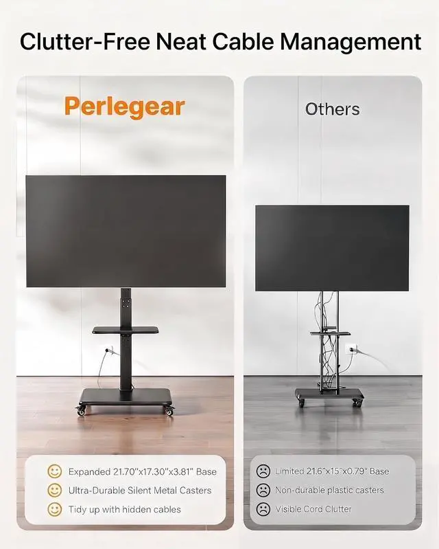 Alt view image 7 of 7 - Mobile TV Stand with Power Outlet, Tilt & Swivel Rolling TV Stand for 32-75 inches TVs up to 110 lbs, 12 Height Adjustable Rolling TV Cart with Wheels, Max VESA 600x400mm, PGTVMC17