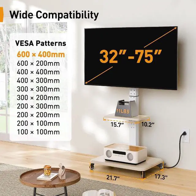 Alt view image 3 of 7 - Mobile TV Stand with Power Outlet, Tilt & Swivel Rolling TV Cart for 32-75 inches TVs up to 110 lbs, Height Adjustable Rolling TV Stand White with Wheels, Max VESA 600x400mm, PGTVMC17W