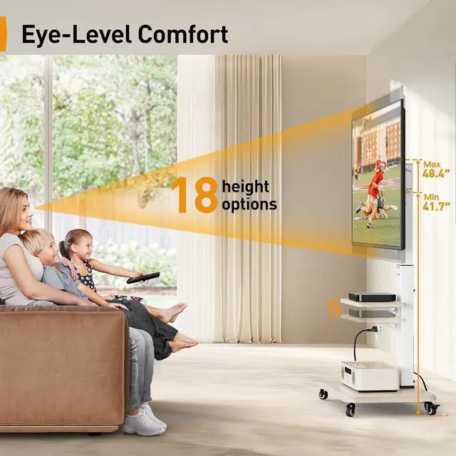 Alt view image 6 of 7 - Mobile TV Stand with Power Outlet, Tilt & Swivel Rolling TV Cart for 32-75 inches TVs up to 110 lbs, Height Adjustable Rolling TV Stand White with Wheels, Max VESA 600x400mm, PGTVMC17W