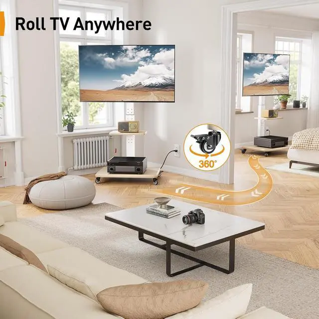 Alt view image 7 of 7 - Mobile TV Stand with Power Outlet, Tilt & Swivel Rolling TV Cart for 32-75 inches TVs up to 110 lbs, Height Adjustable Rolling TV Stand White with Wheels, Max VESA 600x400mm, PGTVMC17W