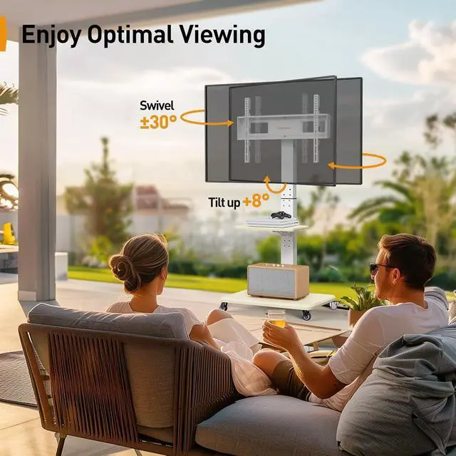 Alt view image 4 of 7 - Mobile TV Stand with Power Outlet, Tilt & Swivel Rolling TV Cart for 32-75 inches TVs up to 110 lbs, Height Adjustable Rolling TV Stand White with Wheels, Max VESA 600x400mm, PGTVMC17W