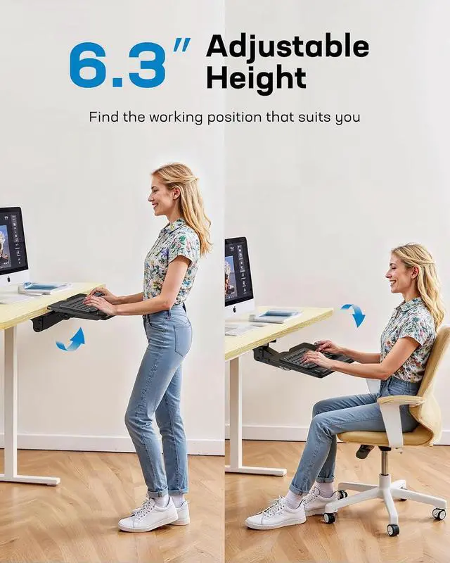 Alt view image 2 of 7 - Keyboard Tray Under Desk, Adjustable Ergonomic Keyboard & Mouse Tray, Flat Bottom Or Cross Beam Installation, Smooth Sliding Keyboard Holder for Typing in Home Office, Easy Setup, 25W x 9.84D