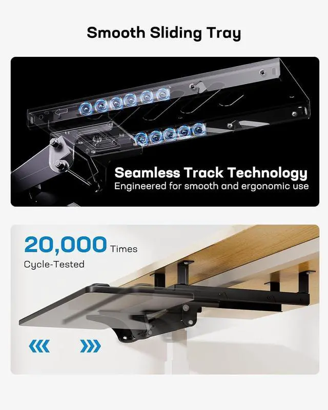 Alt view image 4 of 7 - Keyboard Tray Under Desk, Adjustable Ergonomic Keyboard & Mouse Tray, Flat Bottom Or Cross Beam Installation, Smooth Sliding Keyboard Holder for Typing in Home Office, Easy Setup, 25W x 9.84D