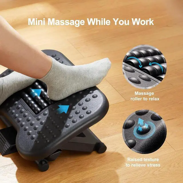 Alt view image 3 of 7 - Foot Rest for Under Desk at Work, Adjustable Footrest with Massage Texture and Roller, Ergonomic Foot Stool with 3 Height Position, 30 Degree Tilt Angle Adjustment for Home, Office