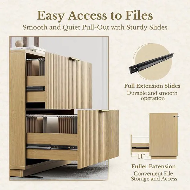 Alt view image 7 of 7 - 2 Drawer Fluted File Cabinet, 32'' Lateral File Cabinet for Legal/Letter/A4/F4 Size Hanging Files, Wood File Storage for Home Office, Light Walnut