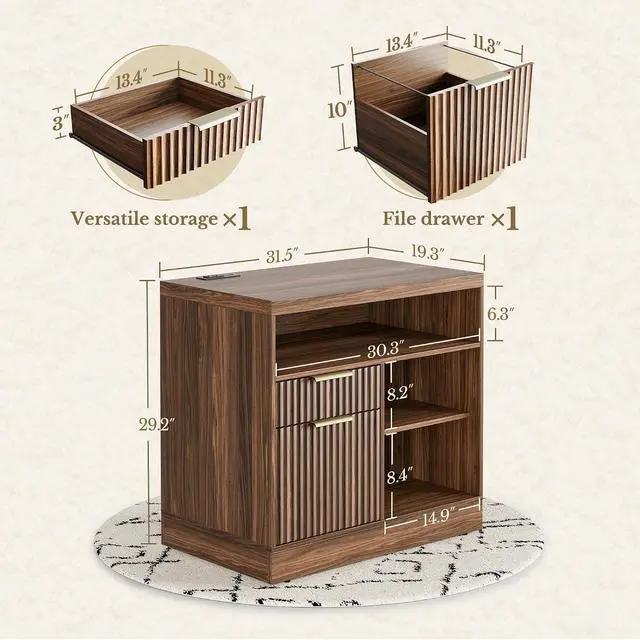 Alt view image 2 of 7 - 2 Drawer Fluted File Cabinet, 32'' Lateral File Cabinet with Lock and AC/USB for Letter/A4 Size, Wood Filing Cabinet with Storage Shelves for Home Office, Black Walnut