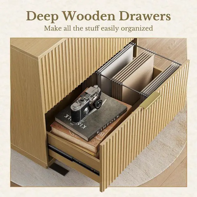 Alt view image 5 of 7 - 2 Drawer Fluted File Cabinet, 32'' Lateral File Cabinet for Legal/Letter/A4/F4 Size Hanging Files, Wood File Storage for Home Office, Light Walnut