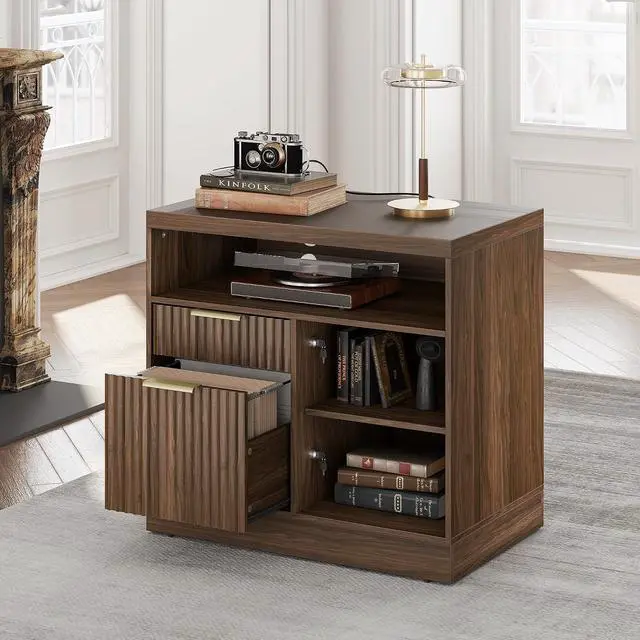 Main image of 2 Drawer Fluted File Cabinet, 32'' Lateral File Cabinet with Lock and AC/USB for Letter/A4 Size, Wood Filing Cabinet with Storage Shelves for Home Office, Black Walnut