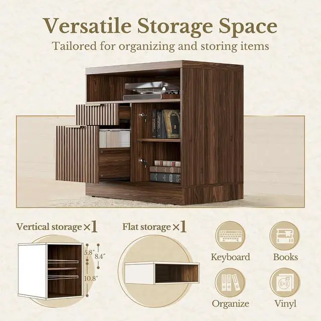 Alt view image 4 of 7 - 2 Drawer Fluted File Cabinet, 32'' Lateral File Cabinet with Lock and AC/USB for Letter/A4 Size, Wood Filing Cabinet with Storage Shelves for Home Office, Black Walnut