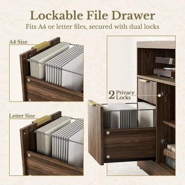Alt view image 7 of 7 - 2 Drawer Fluted File Cabinet, 32'' Lateral File Cabinet with Lock and AC/USB for Letter/A4 Size, Wood Filing Cabinet with Storage Shelves for Home Office, Black Walnut