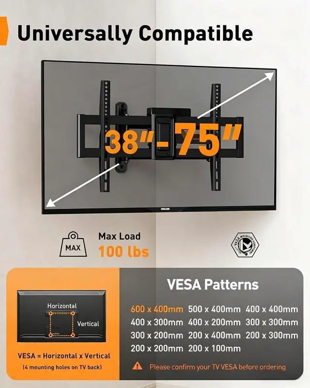 Alt view image 2 of 7 - Long Arm TV Wall Mount Full Motion with Surge Protection Power Strip for 3875 Inch TVs, Corner TV Mount with 31.5 Long Extension, Swivel, Tilt, Max VESA 600x400mm, Holds up to 100 lbs