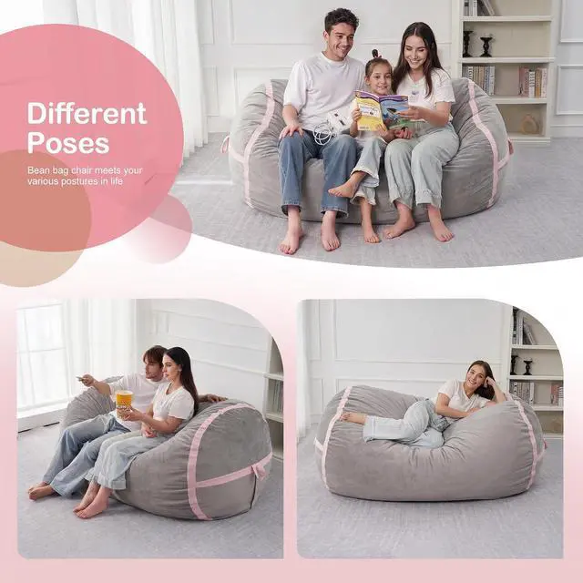 Alt view image 5 of 6 - 4ft Bean Bag Chair Giant Bean Bag Chairs for Adults with Memory Foam Filled, Large Beanbag Chair with Removable Dutch Velvet Cover for Living Room, Bedroom, Dorm, Light Grey & Pink