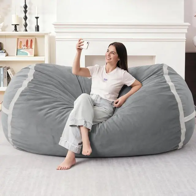 Alt view image 3 of 6 - 6ft Bean Bag Chair Giant Bean Bag Chairs for Adults with Memory Foam Filled, Large Beanbag Chair with Removable Dutch Velvet Cover for Living Room, Bedroom, Dorm, Light Grey