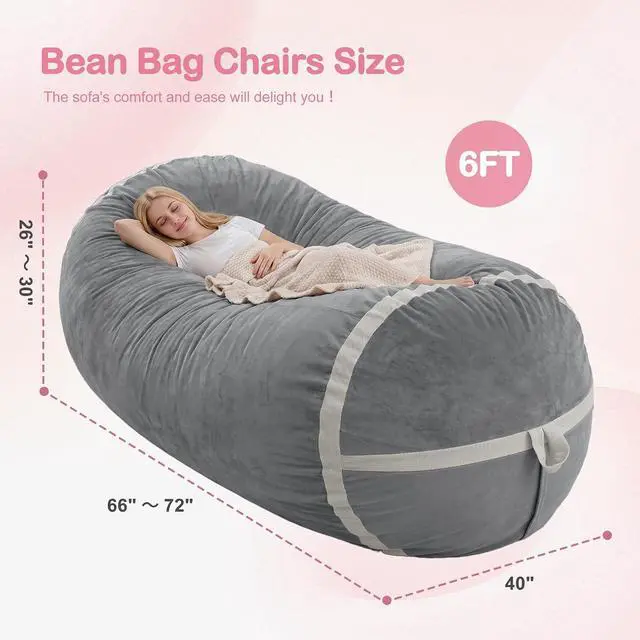 Alt view image 2 of 6 - 6ft Bean Bag Chair Giant Bean Bag Chairs for Adults with Memory Foam Filled, Large Beanbag Chair with Removable Dutch Velvet Cover for Living Room, Bedroom, Dorm, Light Grey