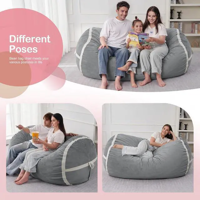 Alt view image 5 of 6 - 6ft Bean Bag Chair Giant Bean Bag Chairs for Adults with Memory Foam Filled, Large Beanbag Chair with Removable Dutch Velvet Cover for Living Room, Bedroom, Dorm, Light Grey