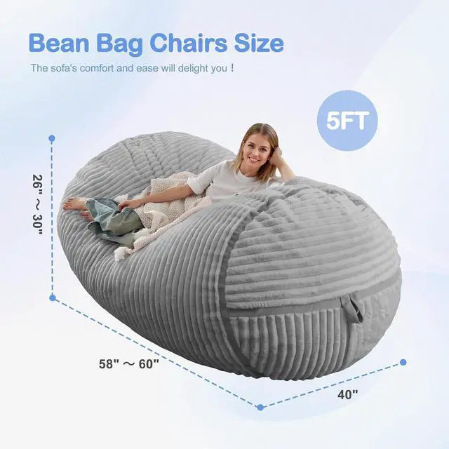 Alt view image 2 of 6 - Bean Bag Chair 5FT Giant Bean Bag Chairs for Adults with Memory Foam Filled,5'Beanbag Chair with Soft Faux Fur Cover,Comfy Bean Bag Sofa Lounger for Living Room,Game Room,Bedroom-Light Grey