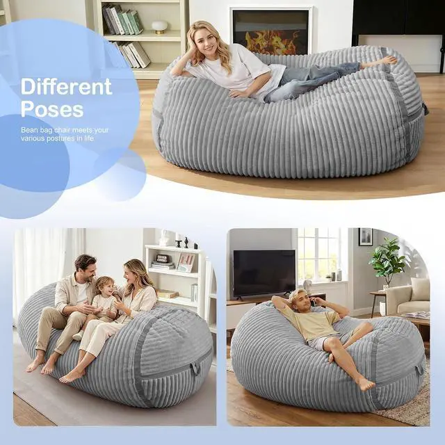 Alt view image 4 of 6 - Bean Bag Chair 5FT Giant Bean Bag Chairs for Adults with Memory Foam Filled,5'Beanbag Chair with Soft Faux Fur Cover,Comfy Bean Bag Sofa Lounger for Living Room,Game Room,Bedroom-Light Grey