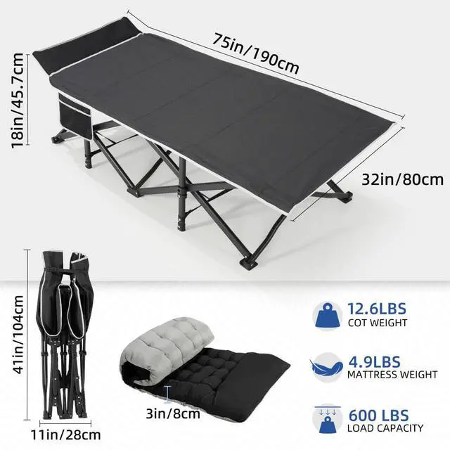 Alt view image 4 of 7 - Camping Cot with Mattress, 32" Extra Wide Camping Cots for Adults, Sleeping Cot for Adults Holds Up to 600LBS, Cots for Sleeping, Camp, Rv, Beach, Patio, Office Naps(Black)