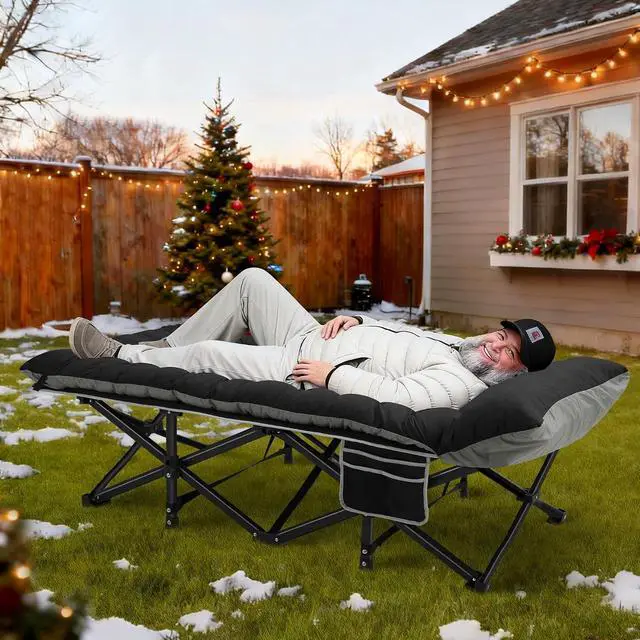 Alt view image 2 of 7 - Camping Cot with Mattress, 32" Extra Wide Camping Cots for Adults, Sleeping Cot for Adults Holds Up to 600LBS, Cots for Sleeping, Camp, Rv, Beach, Patio, Office Naps(Black)