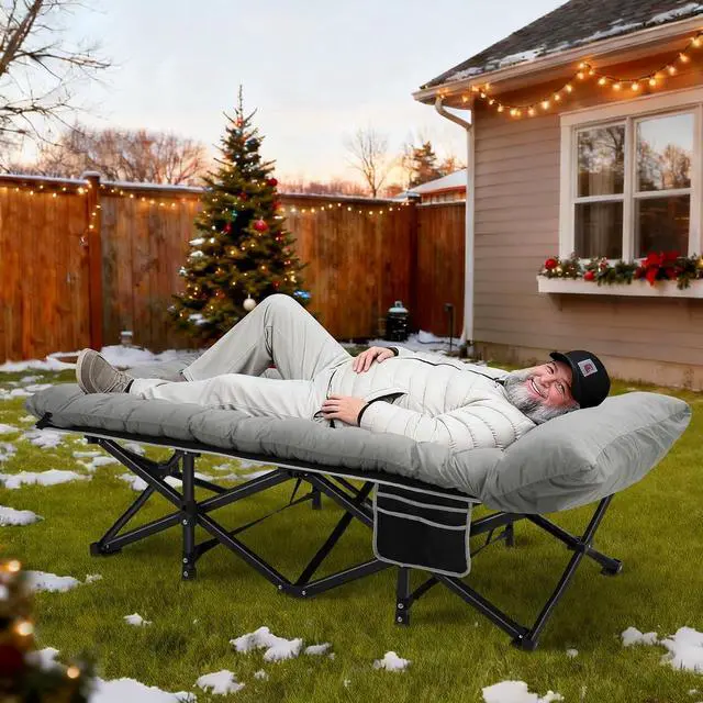 Alt view image 2 of 7 - Camping Cot with Mattress, 32" Extra Wide Camping Cots for Adults, Sleeping Cot for Adults Holds Up to 600LBS, Cots for Sleeping, Camp, Rv, Beach, Patio, Office Naps(Grey)