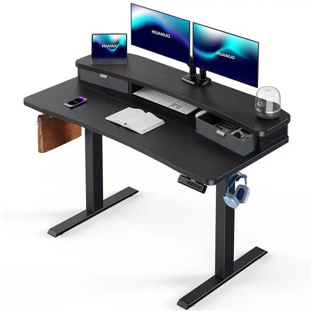 Main image of 48 x 28 Electric Standing Desk with 2 Drawers, C-Clamp Mount Compatible, Height Adjustable Computer Desk, Home Office Stand Up Desk with 4 Preset Heights & 2 Hooks, Black