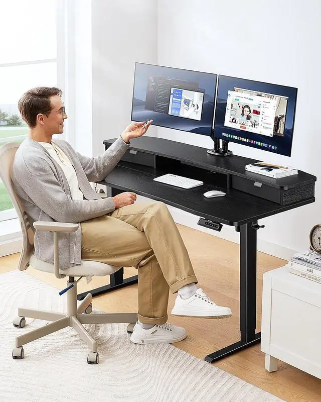 Alt view image 2 of 7 - 48 x 28 Electric Standing Desk with 2 Drawers, C-Clamp Mount Compatible, Height Adjustable Computer Desk, Home Office Stand Up Desk with 4 Preset Heights & 2 Hooks, Black