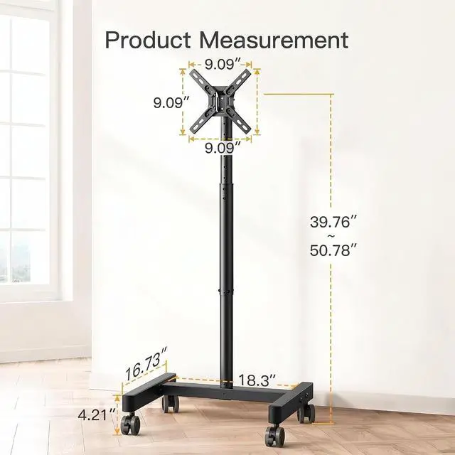 Alt view image 4 of 7 - Rolling TV Stand, Mobile TV Stand on Wheels for 13-50 inch TVs with Height Adjustment & 30° Tilt, Portable TV Cart with Wheels Holds 44lbs, Max VESA 200x200mm