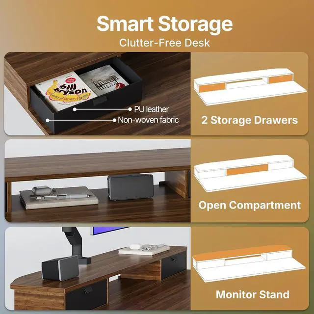 Alt view image 3 of 7 - 40" X 24" Electric Standing Desk with 2 Drawers, C-Clamp Mount Compatible, Height Adjustable Computer Desk, Home Office Stand Up Desk with 4 Preset Heights & 2 Hooks, Walnut