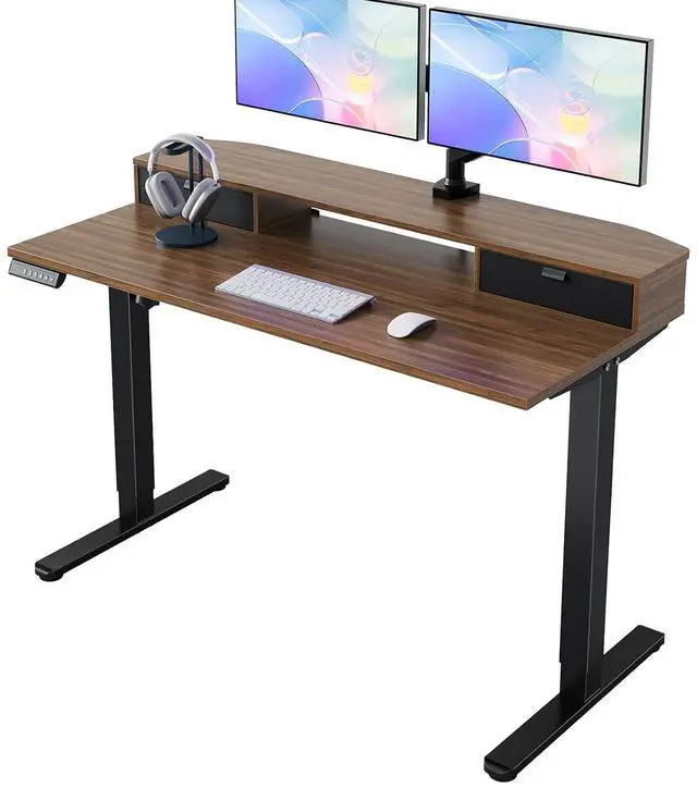 Main image of 47.2" X 23.6" Electric Standing Desk with 2 Drawers, C-Clamp Mount Compatible, Height Adjustable Computer Desk, Home Office Stand Up Desk with 4 Preset Heights & 2 Hooks, Walnut