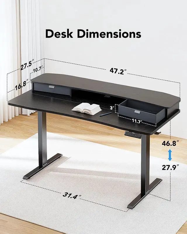 Alt view image 3 of 7 - 48 x 28 Electric Standing Desk with 2 Drawers, C-Clamp Mount Compatible, Height Adjustable Computer Desk, Home Office Stand Up Desk with 4 Preset Heights & 2 Hooks, Black