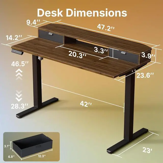 Alt view image 2 of 7 - 47.2" X 23.6" Electric Standing Desk with 2 Drawers, C-Clamp Mount Compatible, Height Adjustable Computer Desk, Home Office Stand Up Desk with 4 Preset Heights & 2 Hooks, Walnut