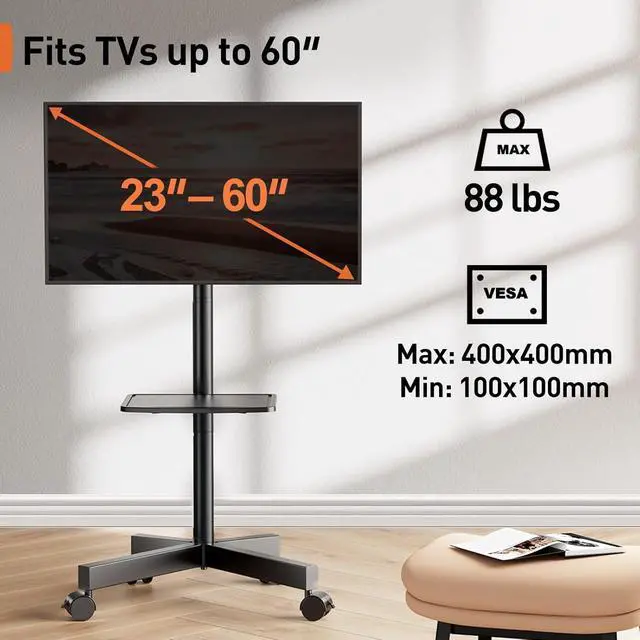Alt view image 2 of 7 - Rolling TV Stand for 23-60 Inch LED Flat Screen/Curved TVs up to 88lbs,Mobile TV Stand Wheels with Height Adjustable Portable Rolling TV Cart Max VESA 400x400mm PGTVMC06